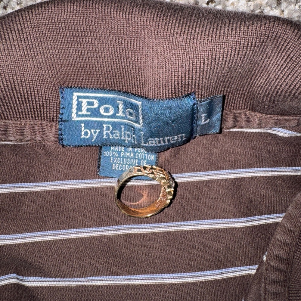 Polo Ralph Lauren Mens Large Brown Striped Pima Cotton Short Sleeve Polo Shirt - Picture 6 of 7